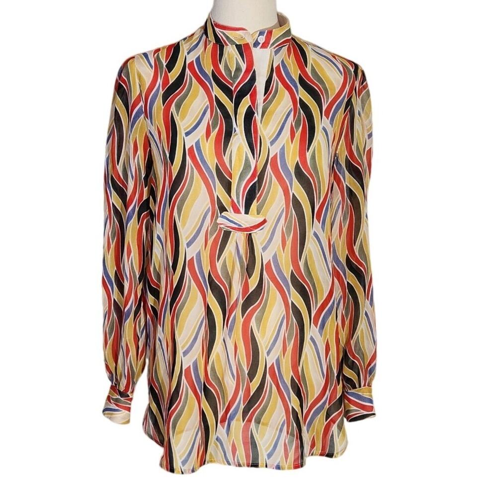 Anne Klein Retro Multicolor Geometric Sheer Longsleeve Blouse Womens Size 2